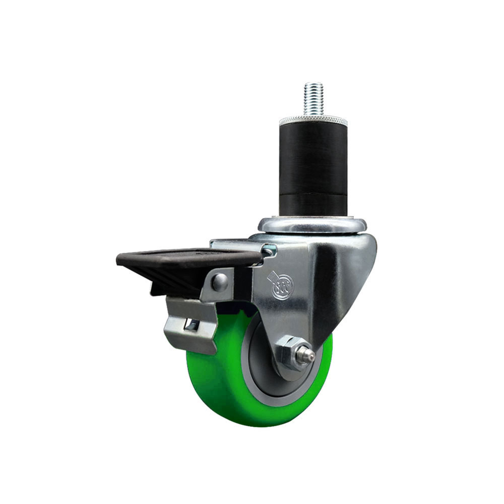 SCC-EX20S314-PPUB-GRN-PLB-134 Polyurethane Expanding Stem Swivel Caster with 3 in. Green Wheel & 1.75 in. Stem & Posi Locking Brake