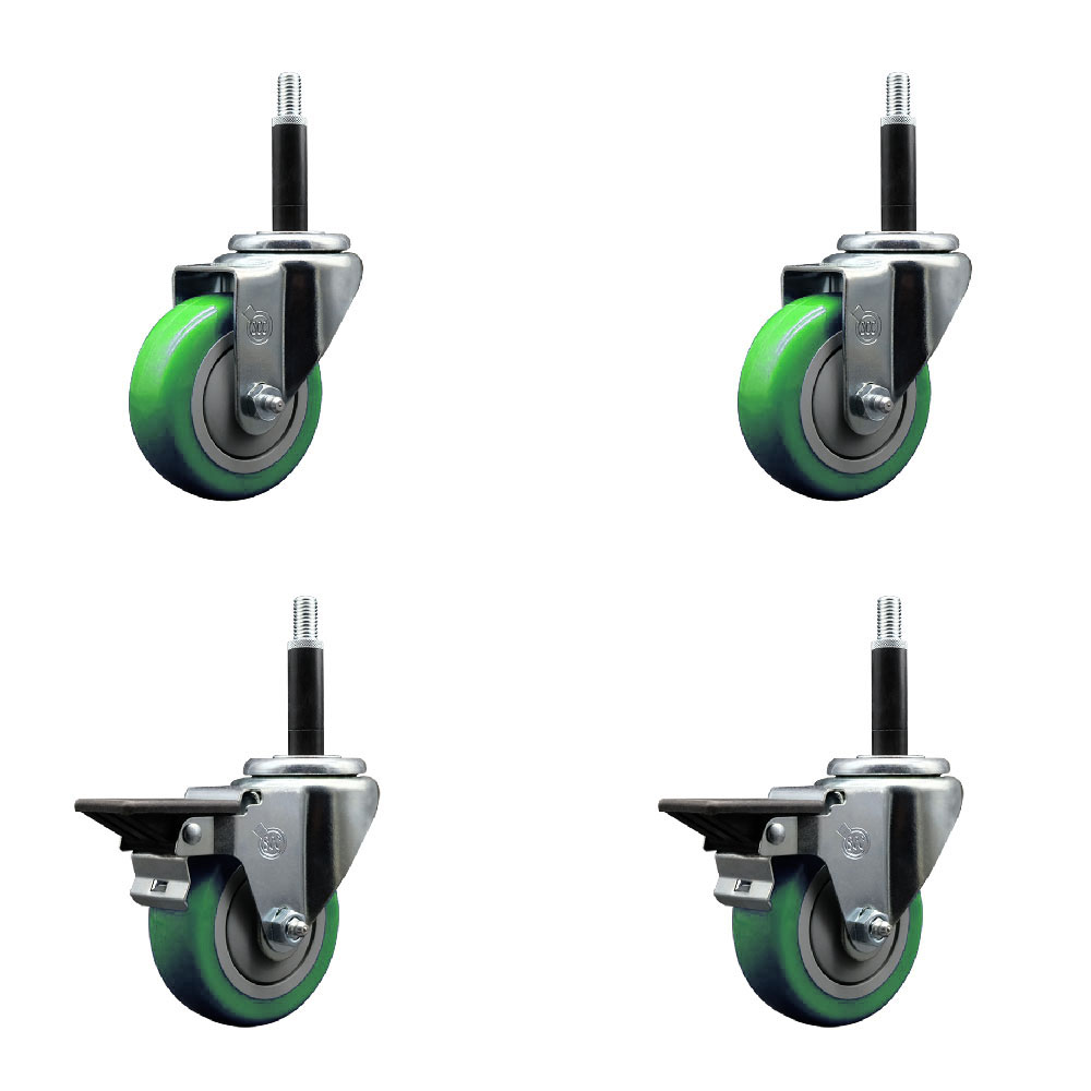 SCC-EX20S3514-PPUB-GRN-2-PLB-2-34 Polyurethane Swivel Expanding Stem Caster with 3.5 in. Green Wheels & 0.75 in. Stems - Set of 4