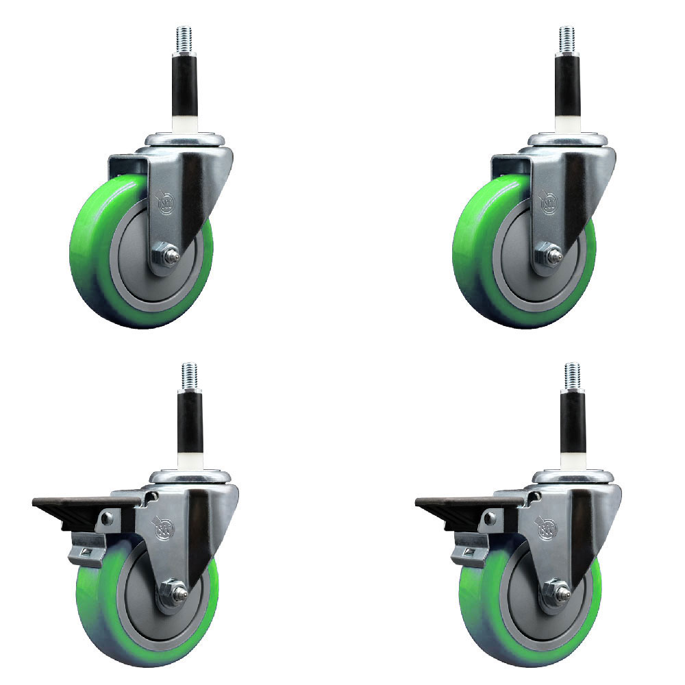 SCC-EX20S414-PPUB-GRN-2-PLB-2-78 Polyurethane Swivel Expanding Stem Caster with 4 in. Green Wheels & 0.87 in. Stems - Set of 4
