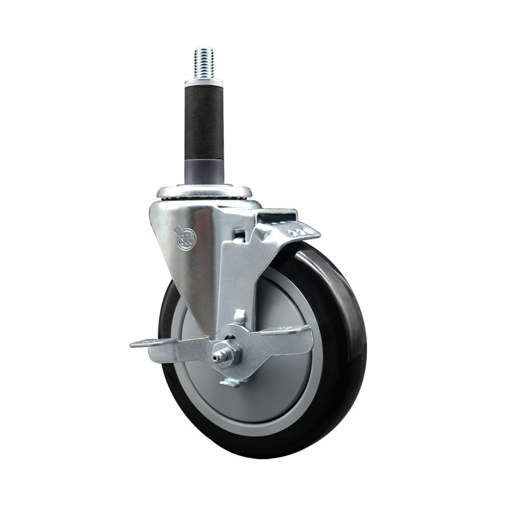 Stainless Steel Polyurethane Expanding Stem Swivel Caster with 5 in. Black Wheel & 1 in. Stem & Top Locking Brake