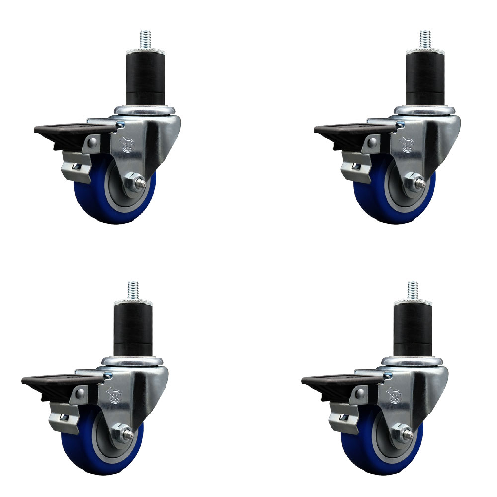 SCC-EX20S314-PPUB-BLUE-PLB-134-4 Polyurethane Swivel Expanding Stem Caster with 3 in. Blue Wheels & 1.75 in. Stems - Set of 4