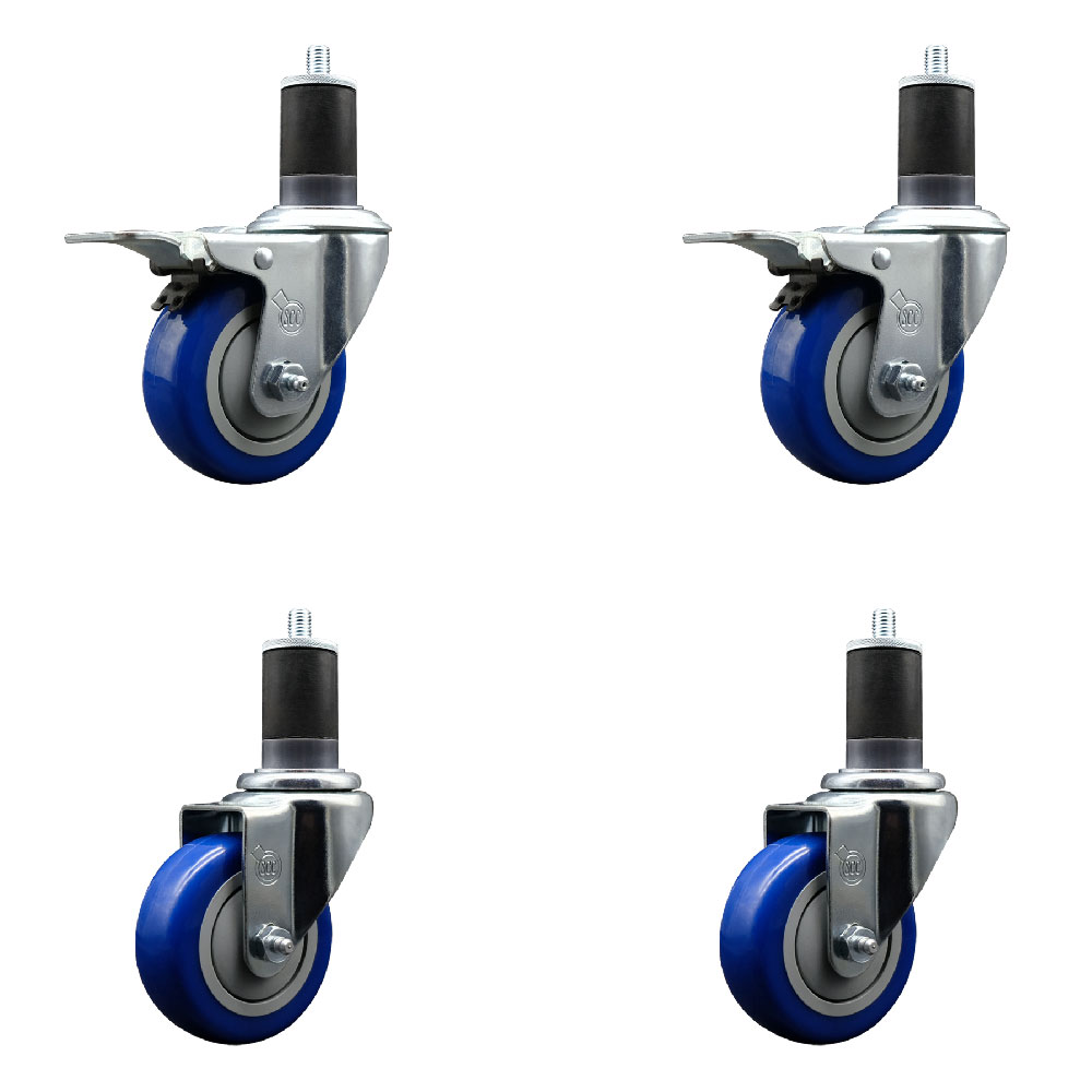 SCC-SSEXTTL20S3514-PPUB-BLU-2-S2-158 Stainless Steel Polyurethane Swivel Expanding Stem Caster with 3.5 in. Blue Wheels & 1.63 in. Stems - Set of 4