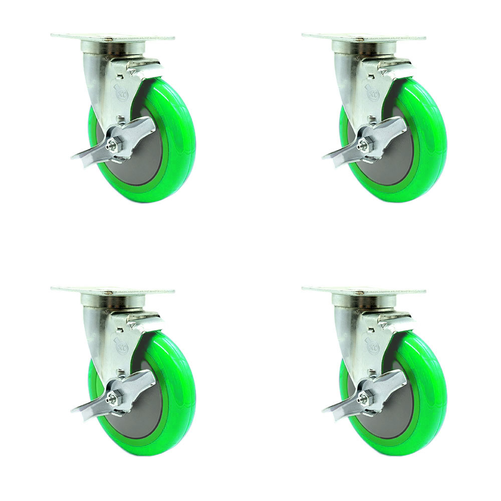 SCC-20S514-PPUB-GRN-TLB-TPU1-4 Universal Kitchen Casters 5 x 1.25 in. Polyurethane Green Wheels Swivel Casters with Brakes Non Marking - Set of 4