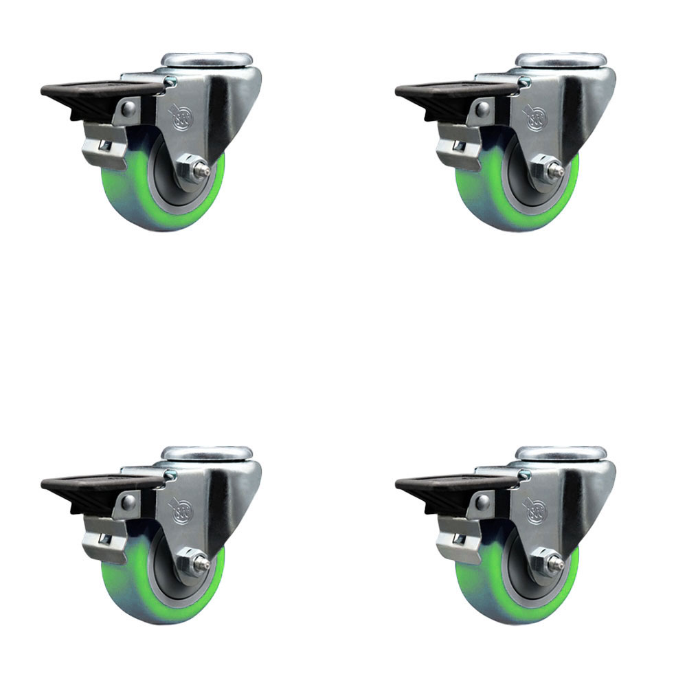 SCC-BH20S314-PPUB-GRN-PLB-4 Polyurethane Swivel Bolt Hole Caster with 3 x 1.25 in. Green Wheels - Set of 4