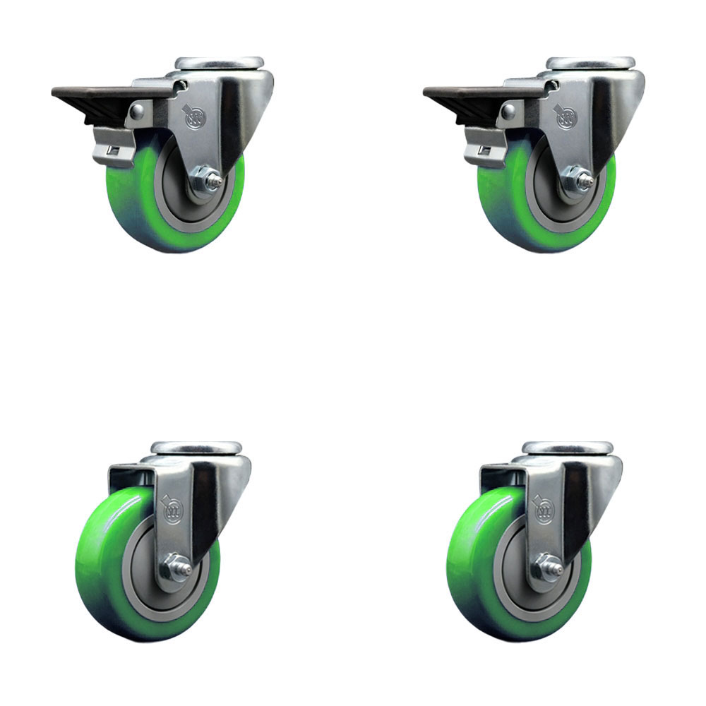 SCC-BH20S3514-PPUB-GRN-PLB-2-S-2 Polyurethane Swivel Bolt Hole Caster with 3.5 x 1.25 in. Green Wheels - Set of 4