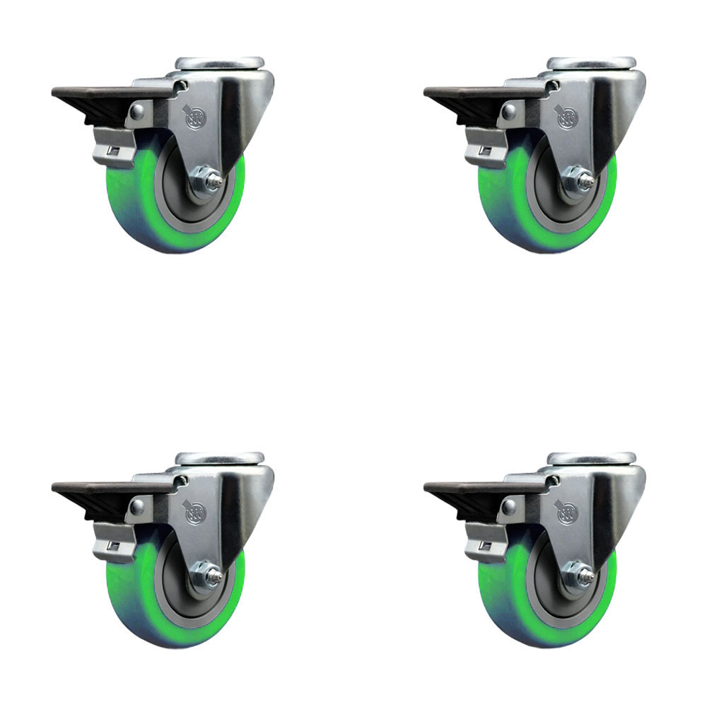 SCC-BH20S3514-PPUB-GRN-PLB-4 Polyurethane Swivel Bolt Hole Caster with 3.5 x 1.25 in. Green Wheels - Set of 4