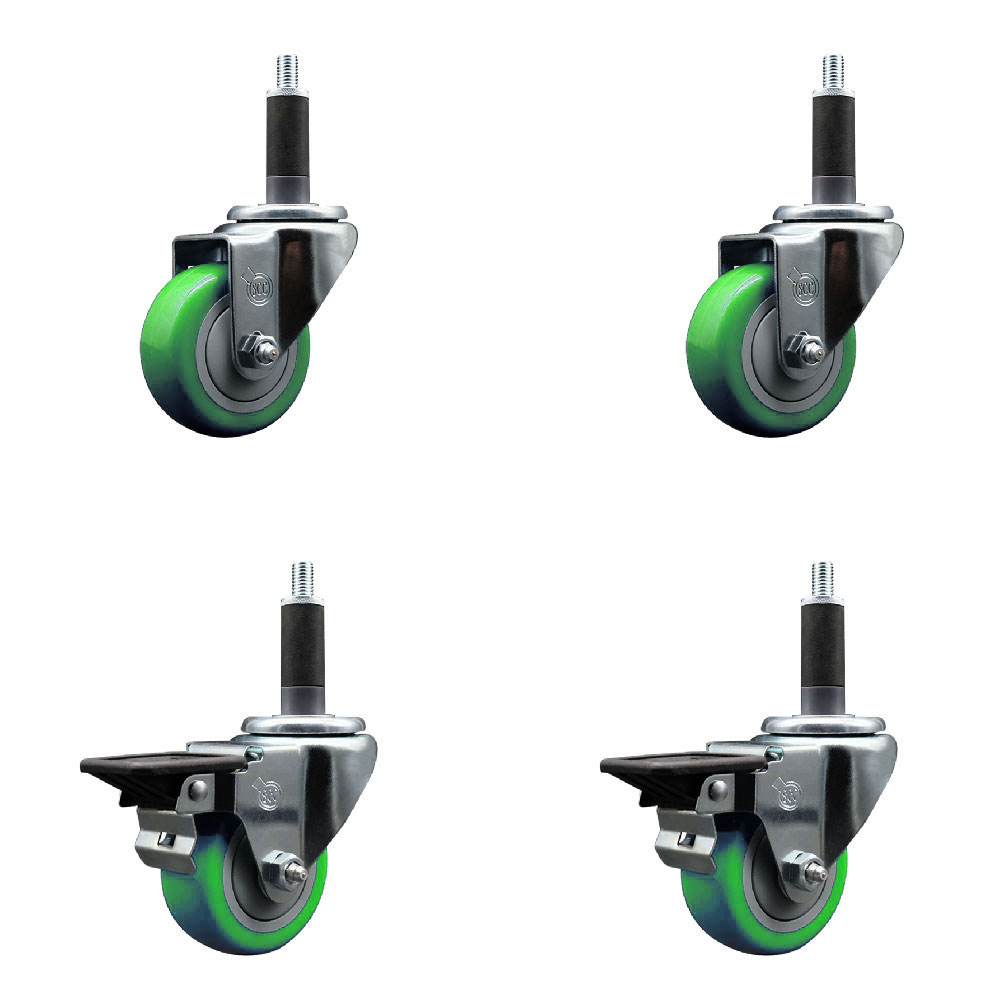 SCC-EX20S314-PPUB-GRN-2-PLB-2-1 Polyurethane Swivel Expanding Stem Caster with 3 in. Green Wheels & 1 in. Stems - Set of 4