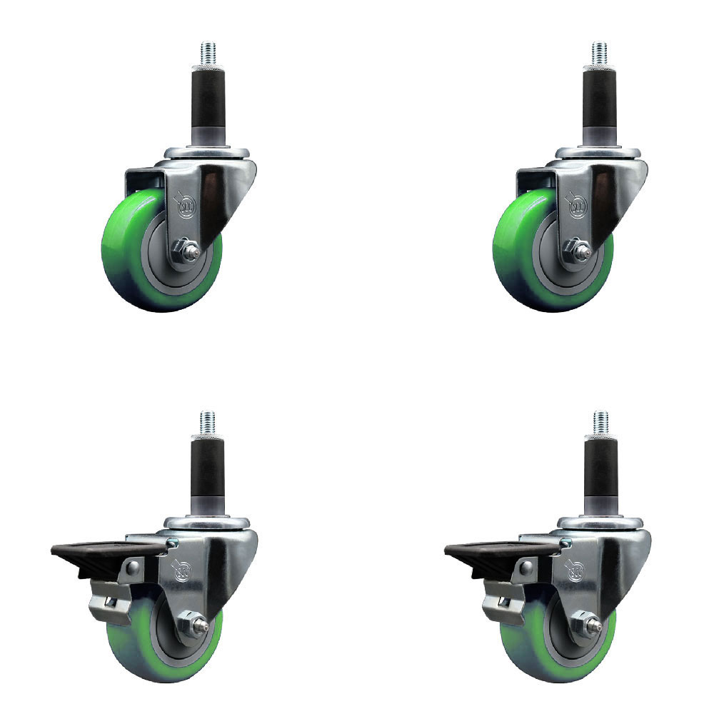 SCC-EX20S314-PPUB-GRN-2-PLB-2-118 Polyurethane Swivel Expanding Stem Caster with 3 in. Green Wheels & 1.13 in. Stems - Set of 4