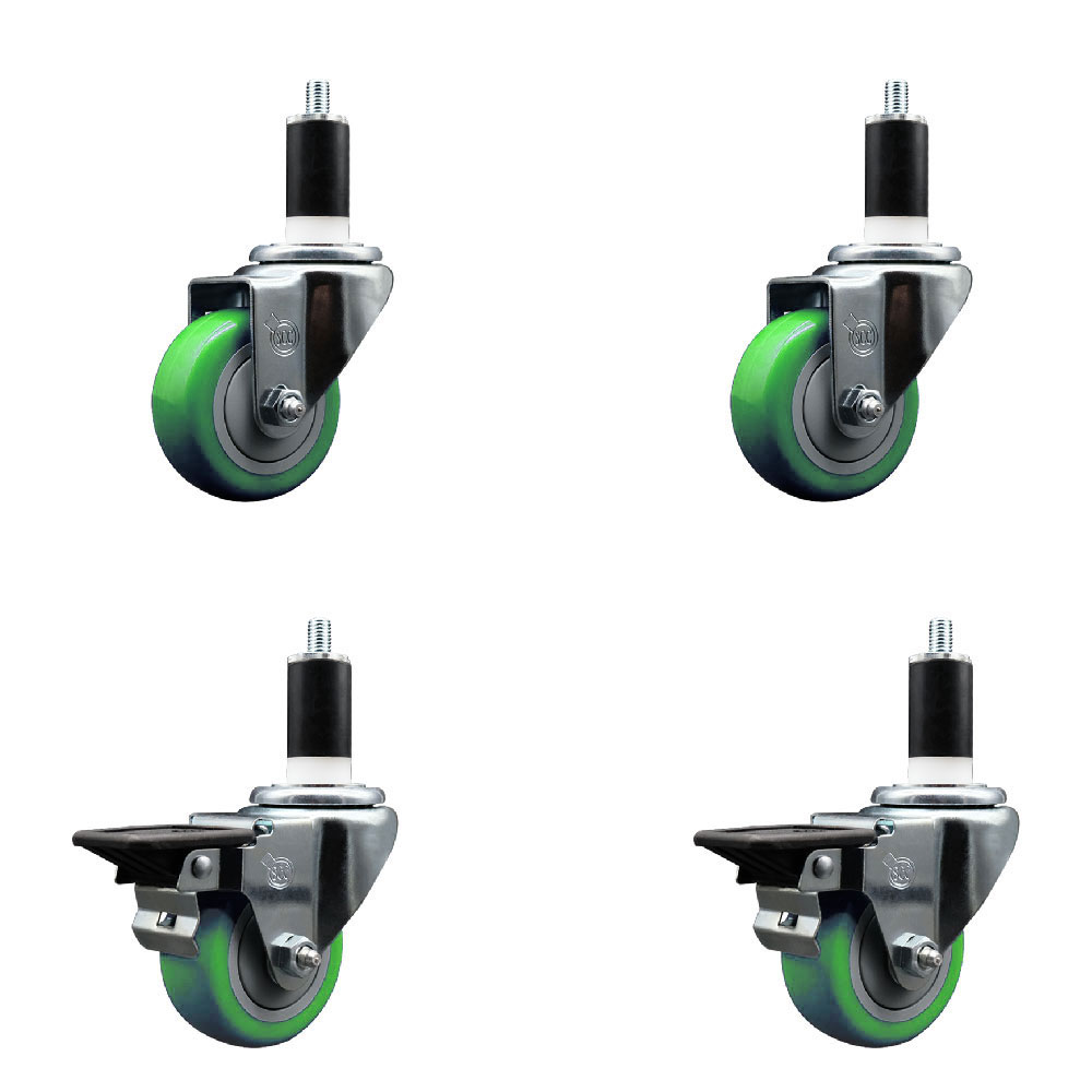 SCC-EX20S314-PPUB-GRN-2-PLB-2-138 Polyurethane Swivel Expanding Stem Caster with 3 in. Green Wheels & 1.38 in. Stems - Set of 4