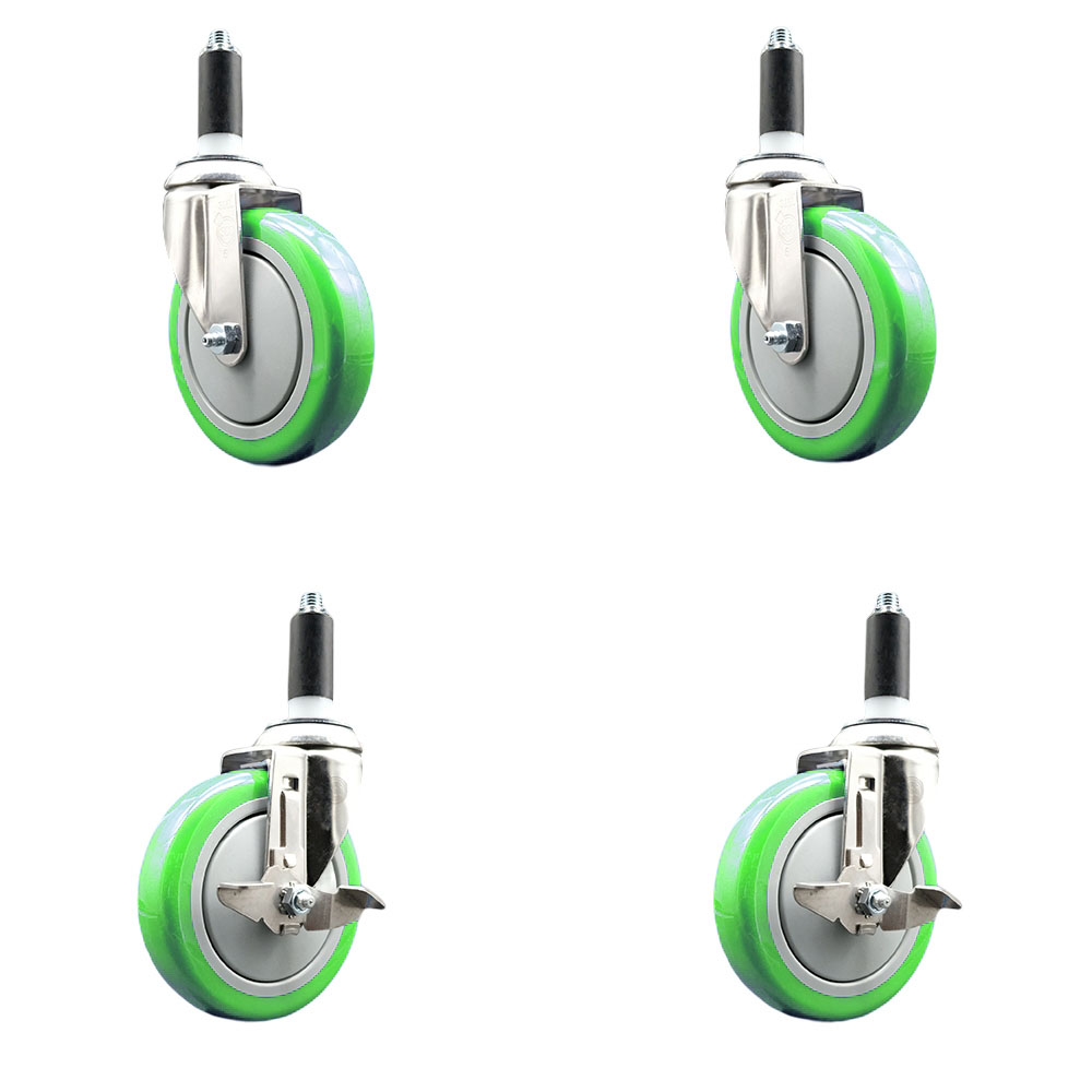 Polyurethane Swivel Stem Caster with 5 in. Green Caster Wheels, 1.13 in. Expanding Stems - 316 Stainless Steel Casters - Set of 4