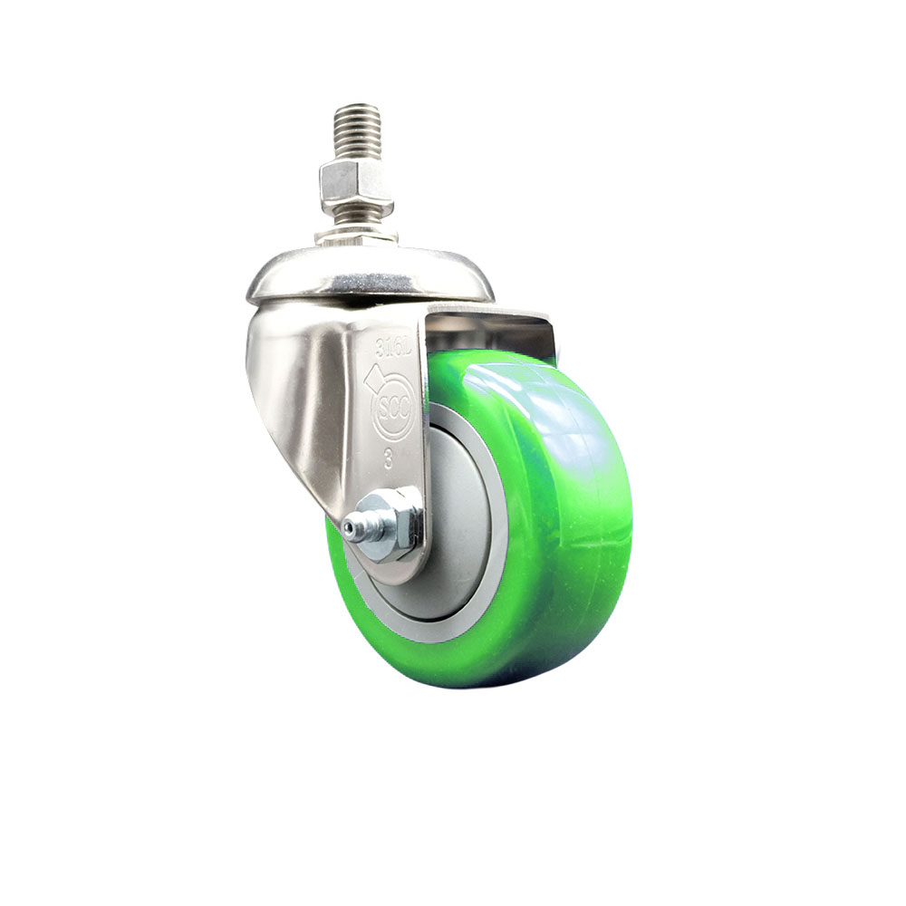Polyurethane Swivel Stem Caster with 3 in. Green Caster Wheels, 0.5 in. Threaded Stem - 316 Stainless Steel Caster