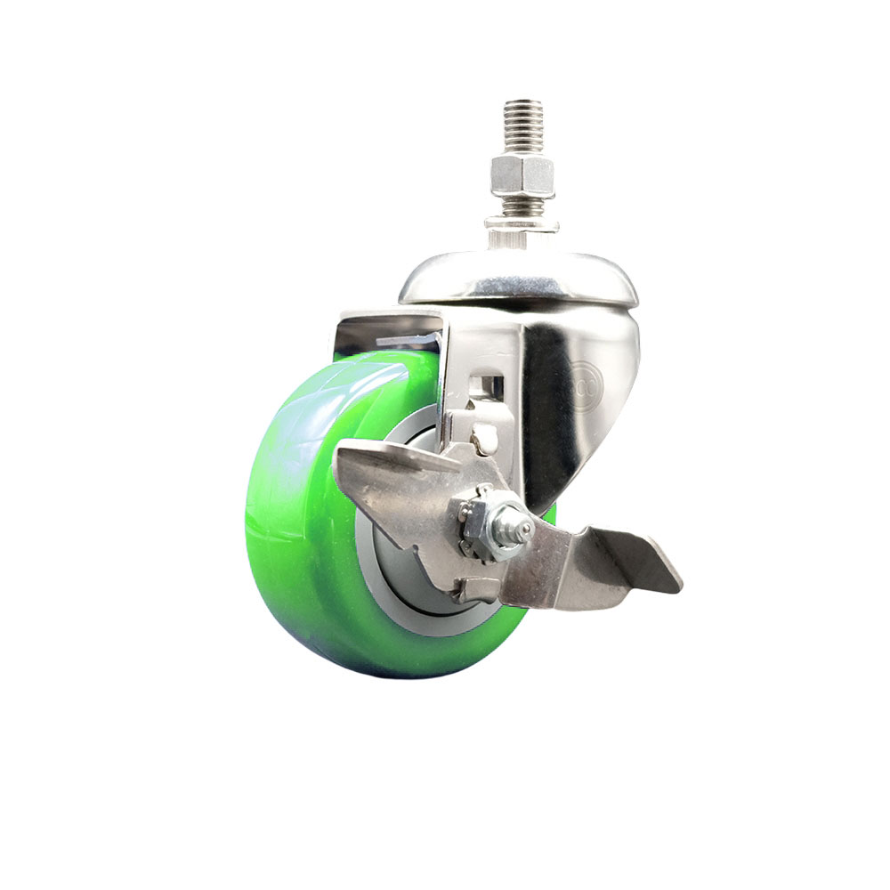 Polyurethane Swivel Stem Caster with 3 in. Green Caster Wheels & Top Lock Brake, 0.38 in. Threaded Stem - 316 Stainless Steel Caster