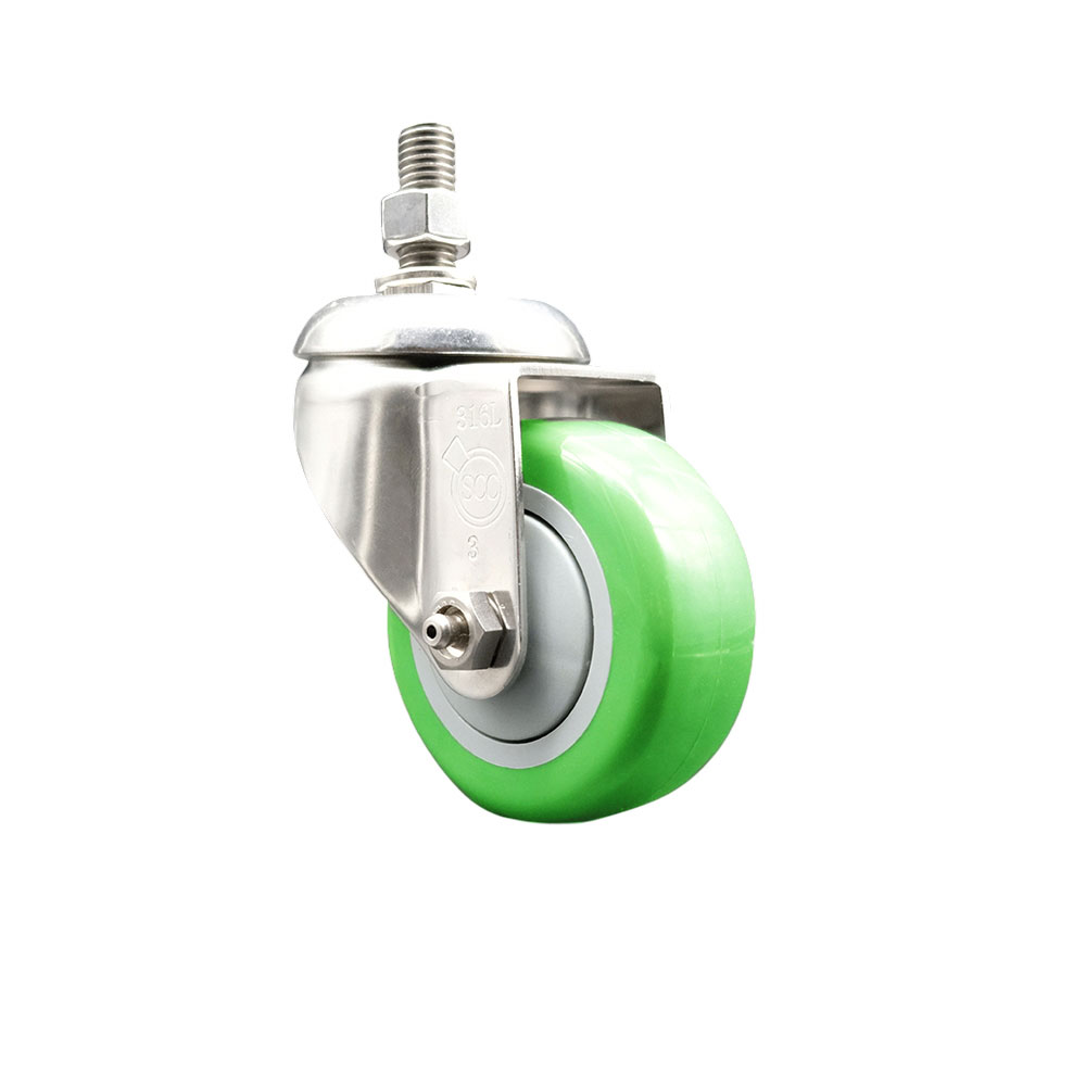 Polyurethane Swivel Stem Caster with 3.5 in. Green Caster Wheels, 12 mm Threaded Stem - 316 Stainless Steel Caster