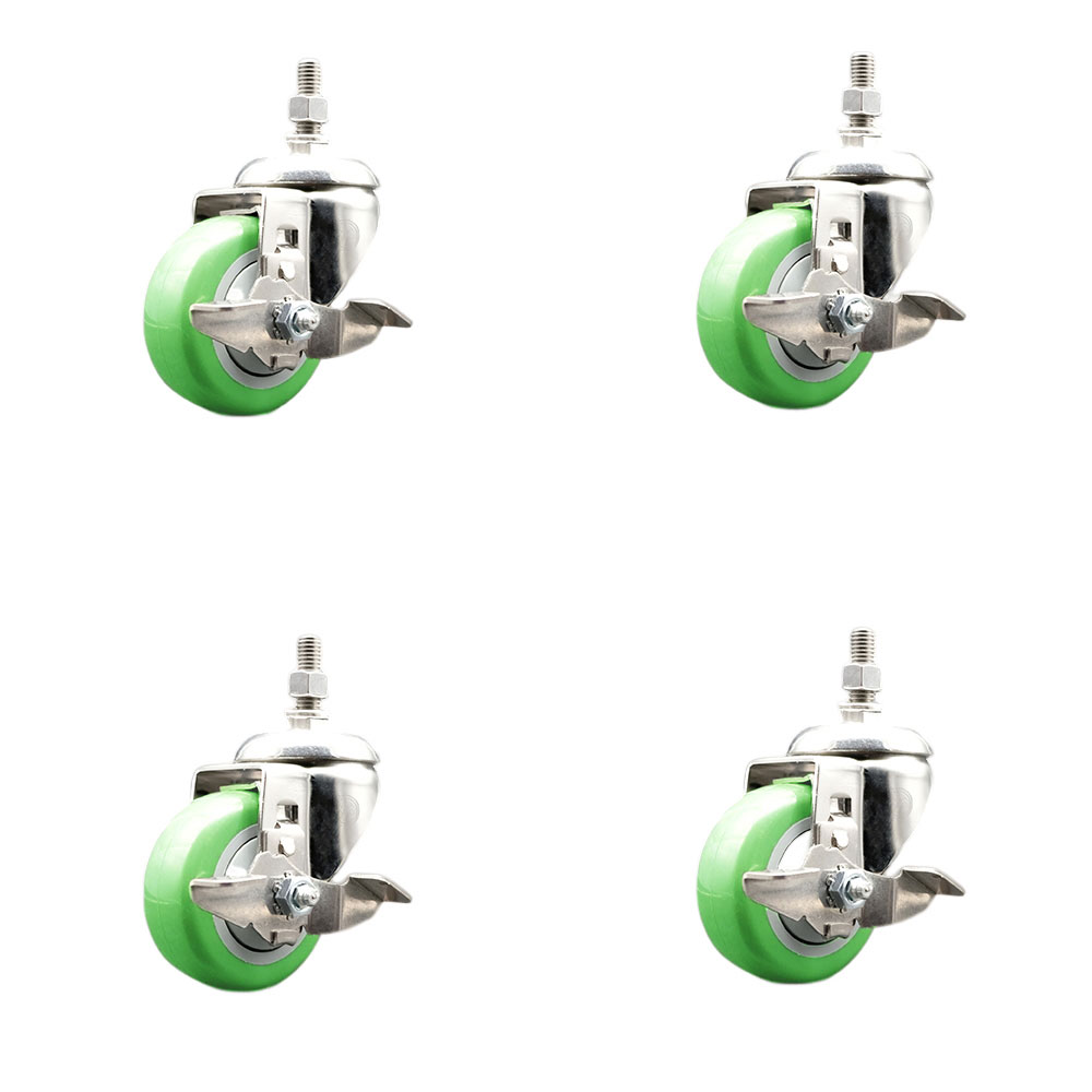 Polyurethane Swivel Stem Caster with 3.5 in. Green Caster Wheels, 0.38 in. Threaded Stems - 316 Stainless Steel Casters - Set of 4