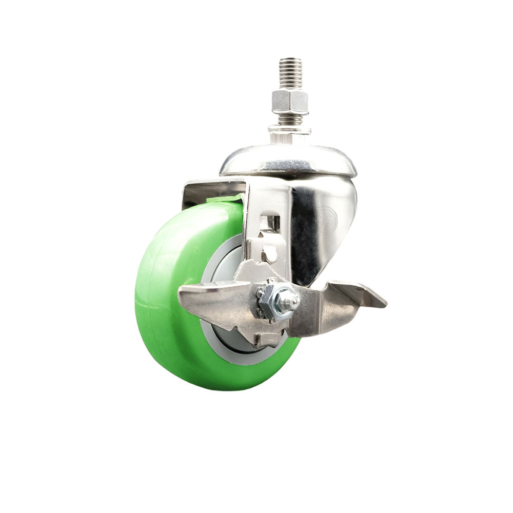 Polyurethane Swivel Stem Caster with 3.5 in. Green Caster Wheels & Top Lock Brake, 12 mm Threaded Stem - 316 Stainless Steel Caster