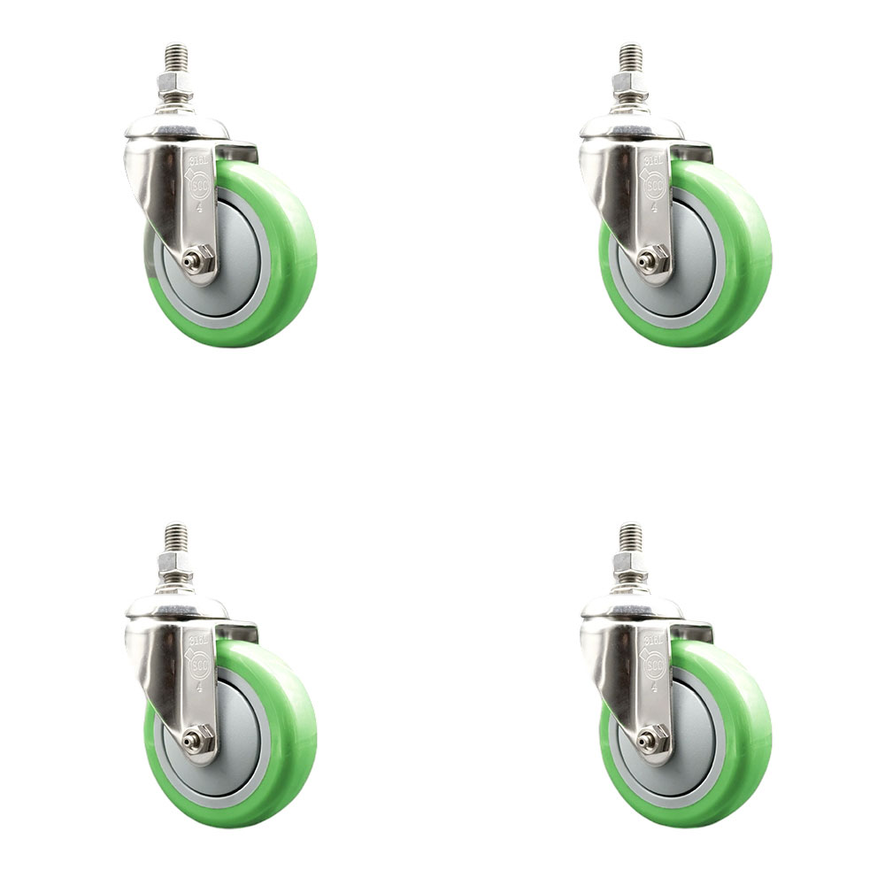 Polyurethane Swivel Stem Caster with 4 in. Green Caster Wheels, 0.38 in. Threaded Stems - 316 Stainless Steel Casters - Set of 4