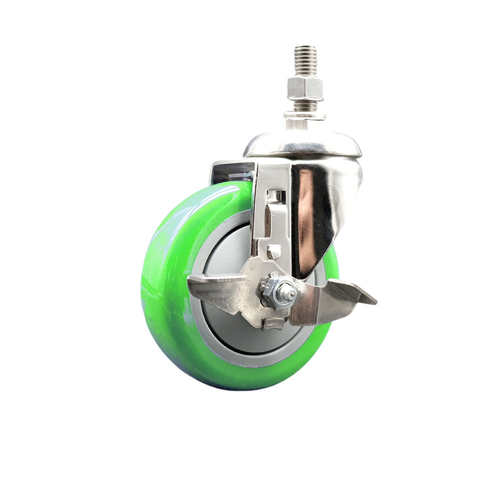 Polyurethane Swivel Stem Caster with 4 in. Green Caster Wheels & Top Lock Brake, 10 mm Threaded Stem - 316 Stainless Steel Caster