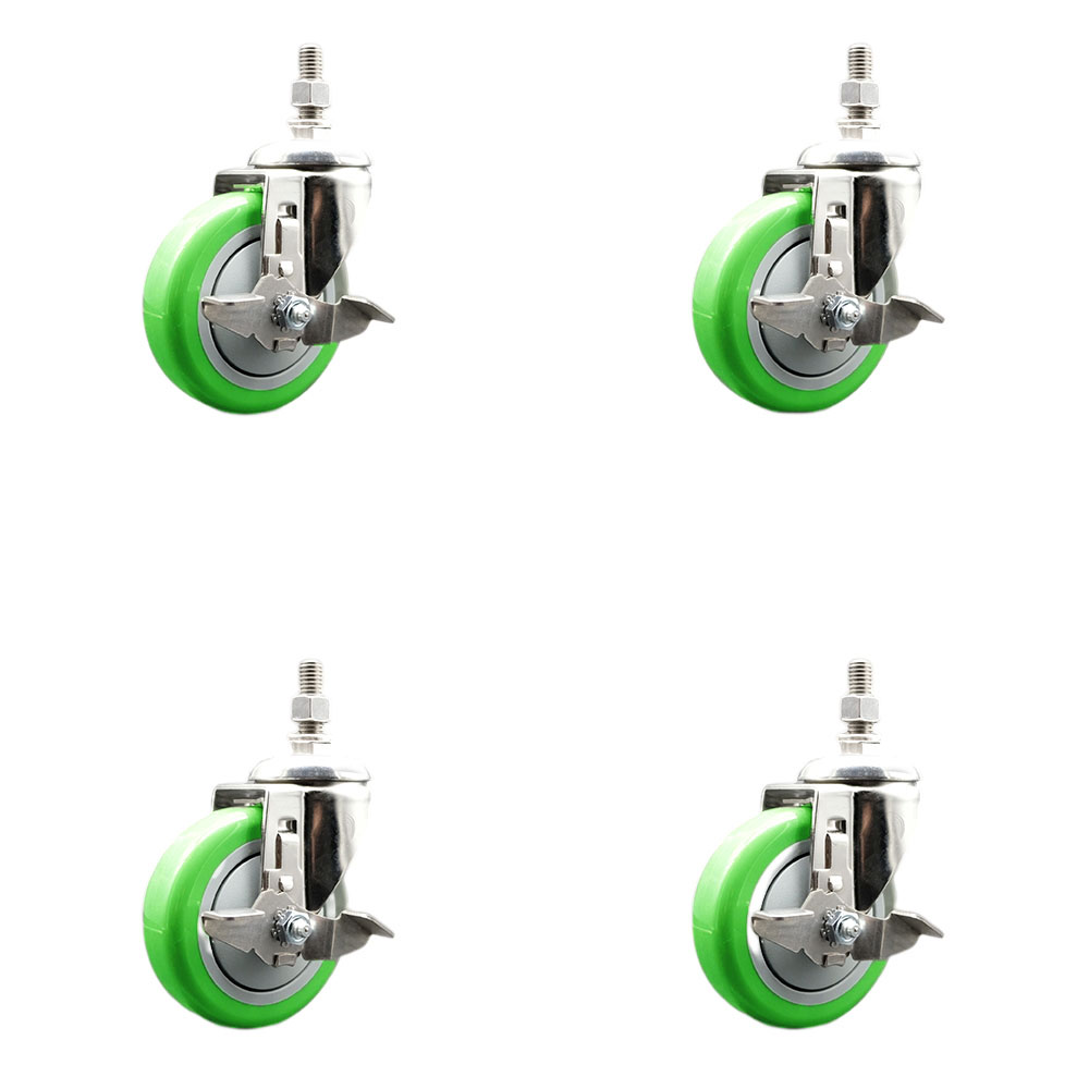 Polyurethane Swivel Stem Caster with 4 in. Green Caster Wheels, 12 mm Threaded Stems - 316 Stainless Steel Casters - Set of 4