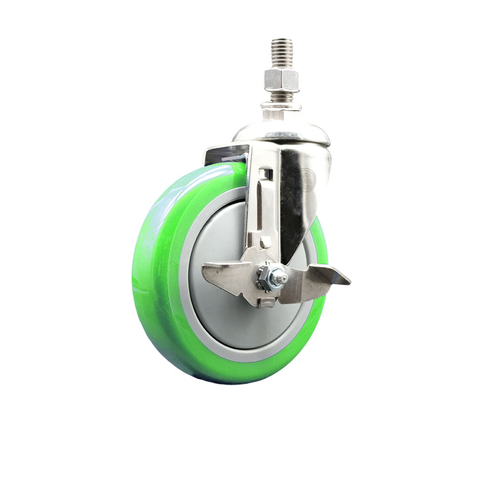 Polyurethane Swivel Stem Caster with 5 in. Green Caster Wheels & Top Lock Brake, 10 mm Threaded Stem - 316 Stainless Steel Caster