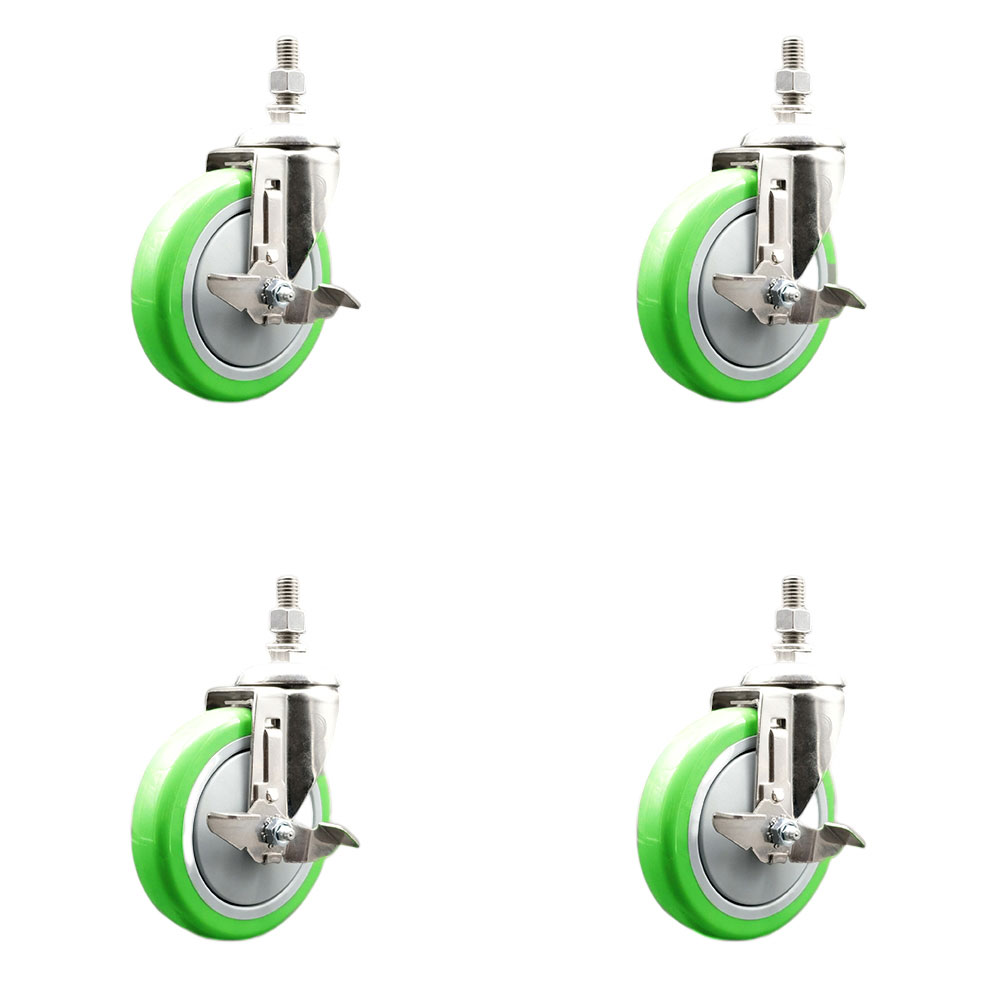 Polyurethane Swivel Stem Caster with 5 in. Green Caster Wheels, 10 mm Threaded Stems - 316 Stainless Steel Casters - Set of 4