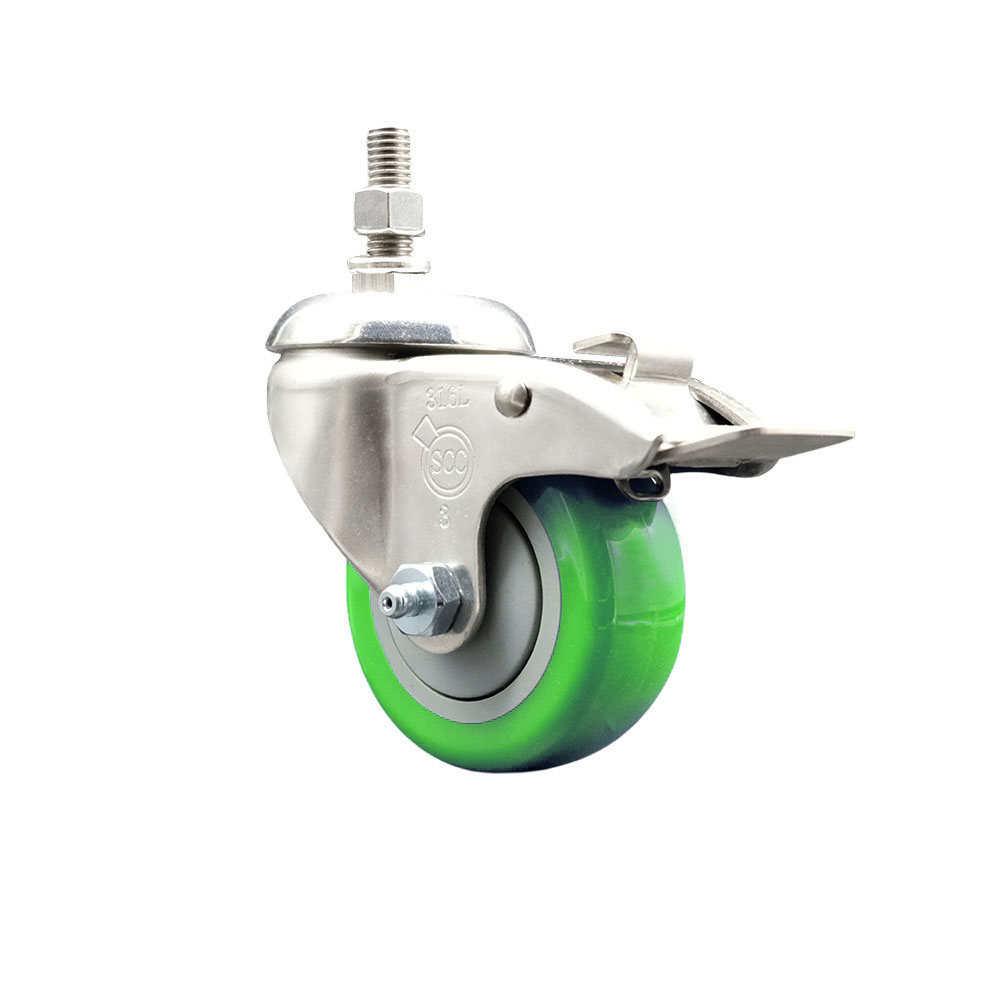 Polyurethane Swivel Stem Caster with 3 in. Green Caster Wheels & Total Lock Brake, 0.38 in. Threaded Stem - 316 Stainless Steel Caster