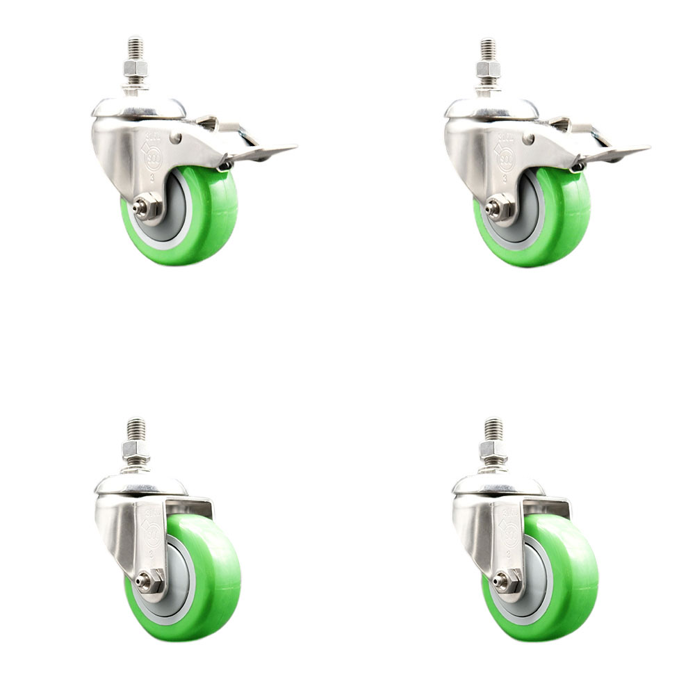 Poly Swivel Stem Caster with 3 in. Green Caster Wheels, 0.38 in. Threaded Stems - 316 Stainless Steel Casters - Set of 4