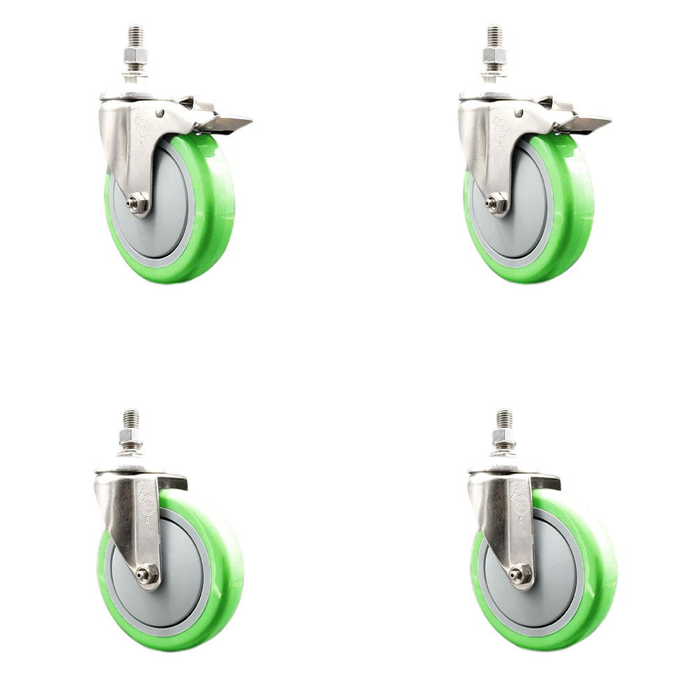 Poly Swivel Stem Caster with 5 in. Green Caster Wheels, 0.5 in. Threaded Stems - 316 Stainless Steel Casters - Set of 4
