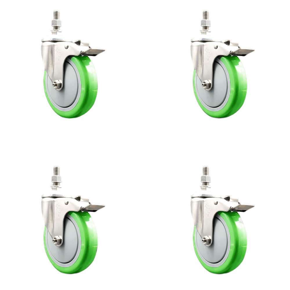 Polyurethane Swivel Stem Caster with 5 in. Green Caster Wheels, 0.5 in. Threaded Stems - 316 Stainless Steel Casters - Set of 4