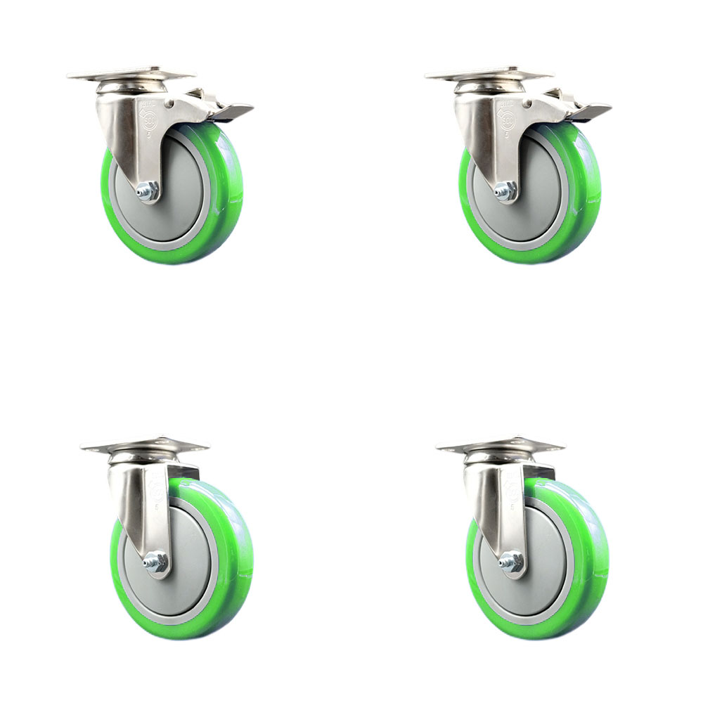 SCC-SS316TTL20S514-PPUB-GRN-2-S-2 Polyurethane Swivel Top Plate Caster with 5 in. 316 Stainless Steel Green Wheels - Set of 4