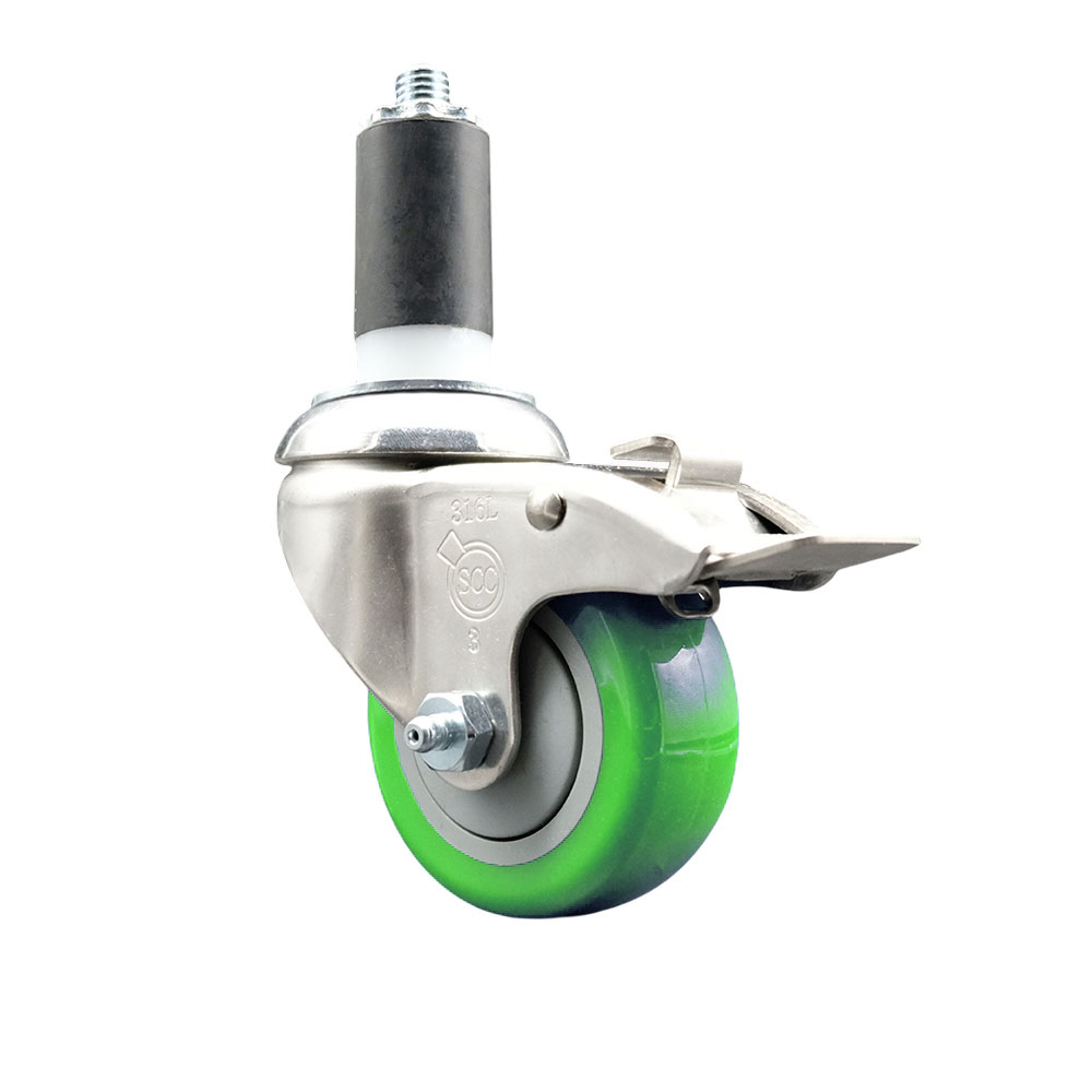 Polyurethane Swivel Stem Caster with 3 in. Green Caster Wheels & Total Lock Brake, 1.25 in. Expanding Stem - 316 Stainless Steel Caster