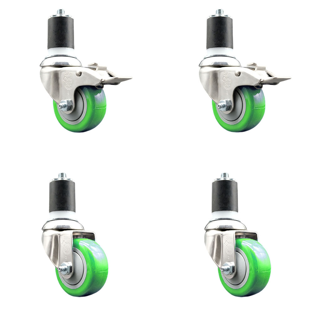 Polyurethane Swivel Stem Caster with 3 in. Green Caster Wheels, 1.87 in. Expanding Stem - 316 Stainless Steel Casters - Set of 4