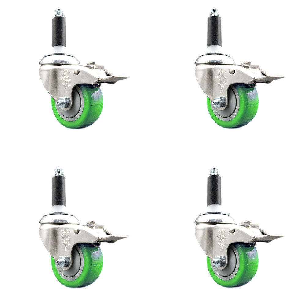Polyurethane Swivel Stem Caster with 3 in. Green Caster Wheels, 0.75 in. Expanding Stems - 316 Stainless Steel Casters - Set of 4
