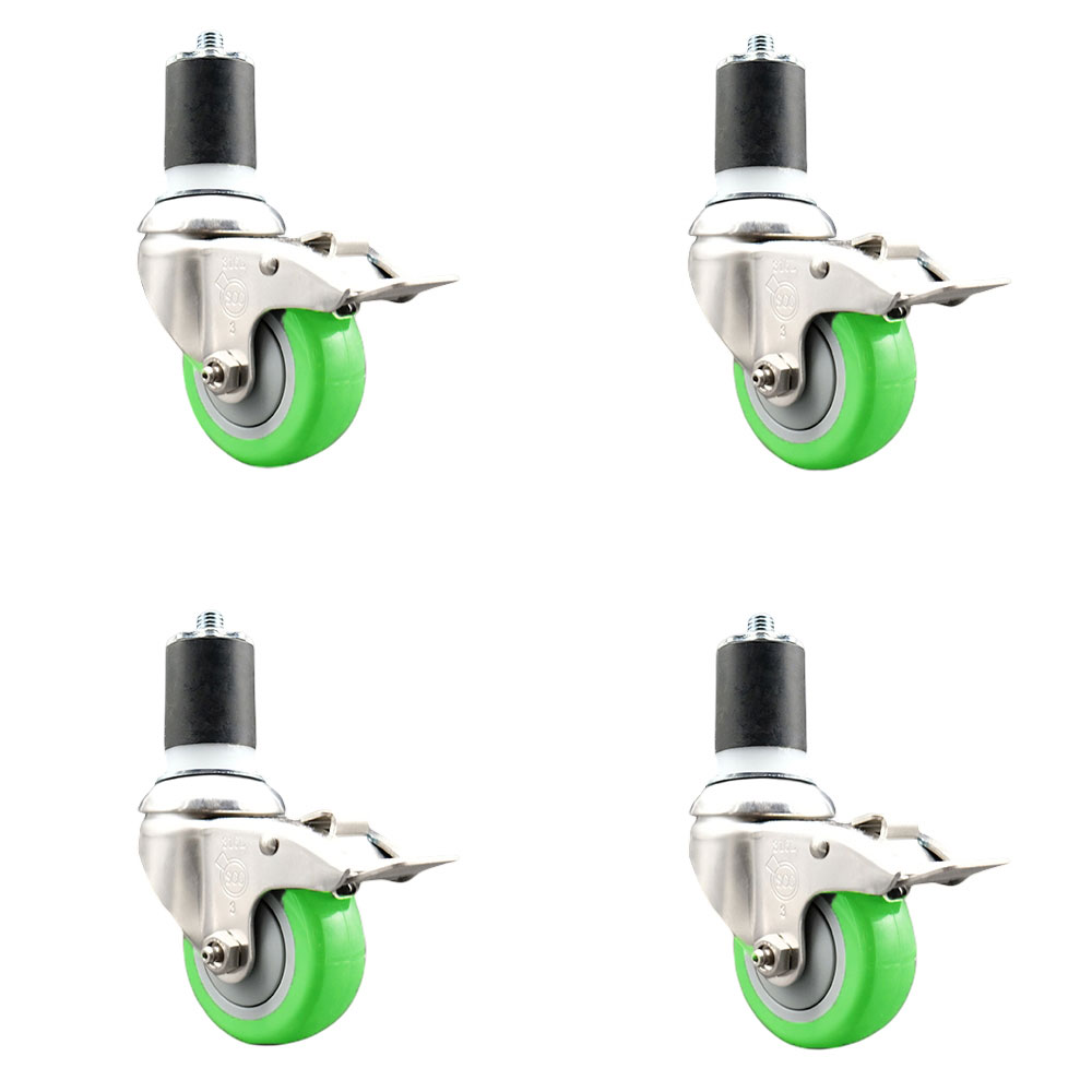 Polyurethane Swivel Stem Caster with 3.5 in. Green Caster Wheels, 1.87 in. Expanding Stems - 316 Stainless Steel Casters - Set of 4