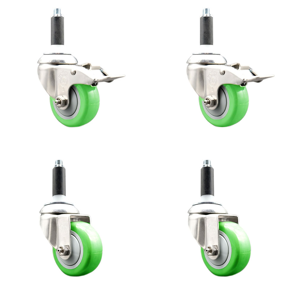 Polyurethane Swivel Stem Caster with 3.5 in. Green Caster Wheels, 0.87 in. Expanding Stem - 316 Stainless Steel Casters - Set of 4