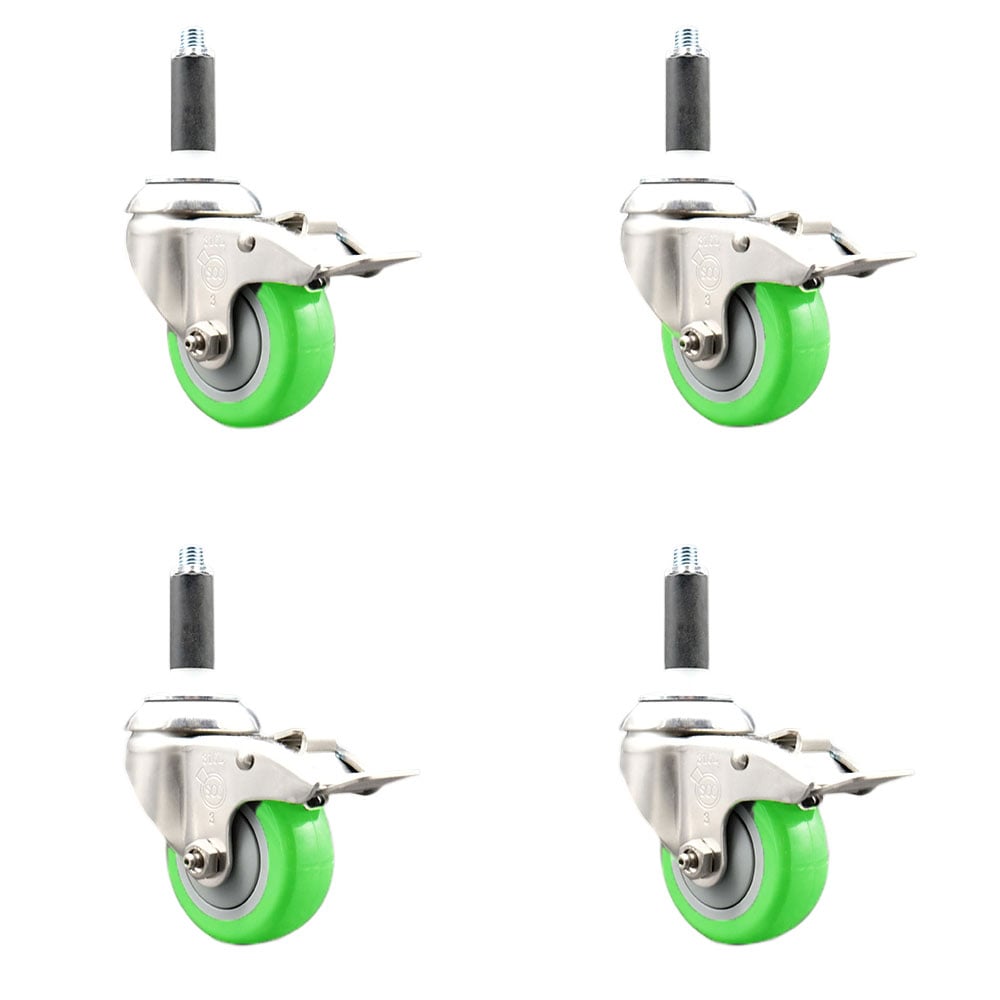 Polyurethane Swivel Stem Caster with 3.5 in. Green Caster Wheels, 0.75 in. Expanding Stems - 316 Stainless Steel Casters - Set of 4
