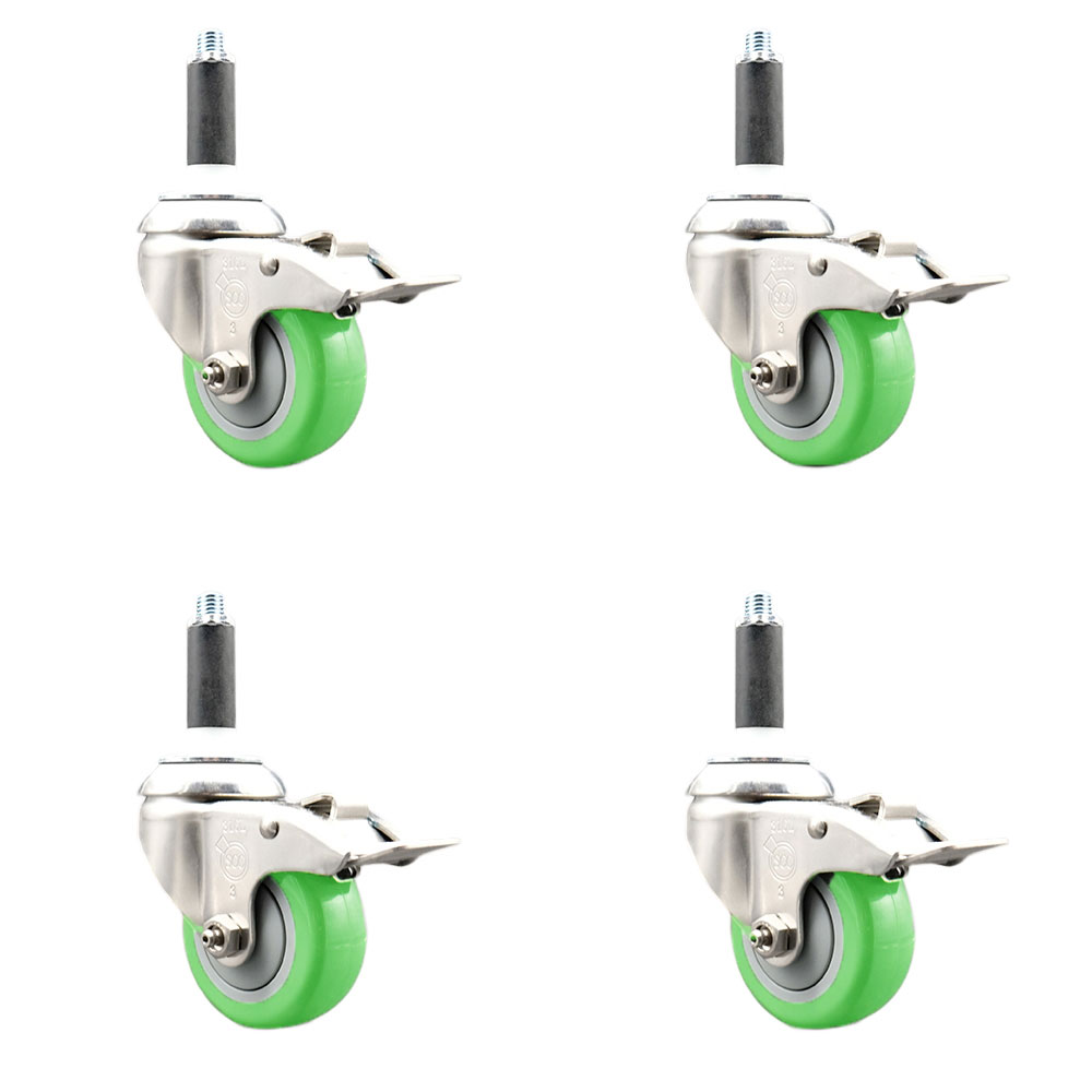 Polyurethane Swivel Stem Caster with 3.5 in. Green Caster Wheels, 0.87 in. Expanding Stems - 316 Stainless Steel Casters - Set of 4