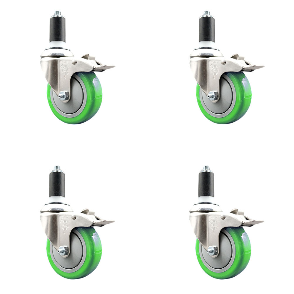 Polyurethane Swivel Stem Caster with 4 in. Green Caster Wheels, 1.25 in. Expanding Stems - 316 Stainless Steel Casters - Set of 4