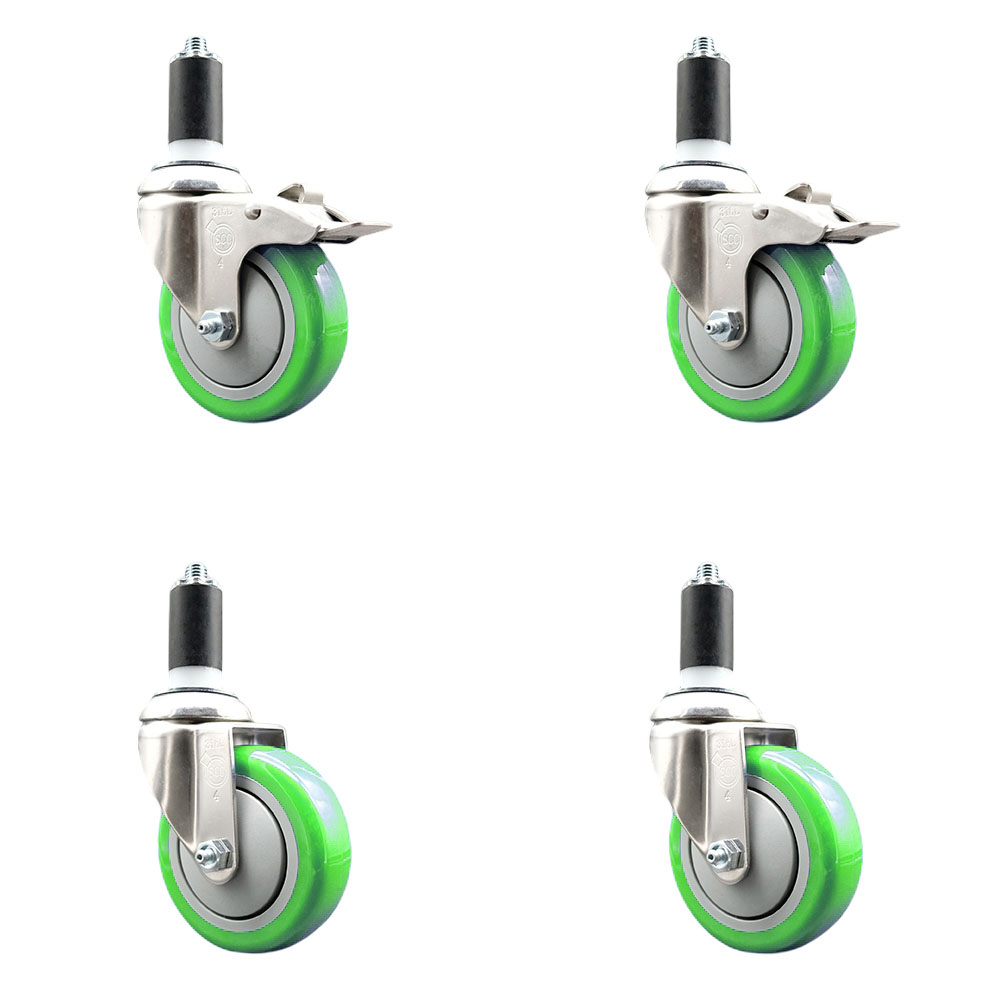 Polyurethane Swivel Stem Caster with 4 in. Green Caster Wheels, 1.25 in. Expanding Stem - 316 Stainless Steel Casters - Set of 4