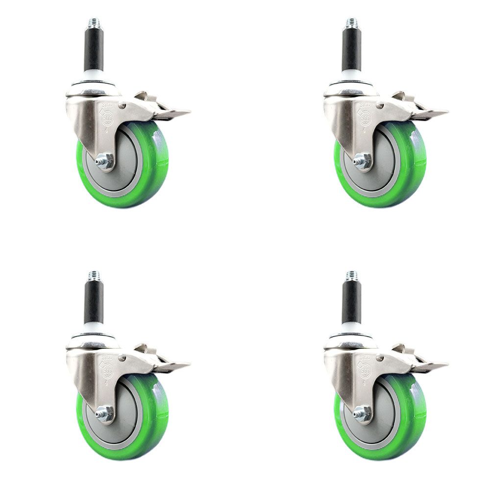 Polyurethane Swivel Stem Caster with 4 in. Green Caster Wheels, 0.75 in. Expanding Stems - 316 Stainless Steel Casters - Set of 4