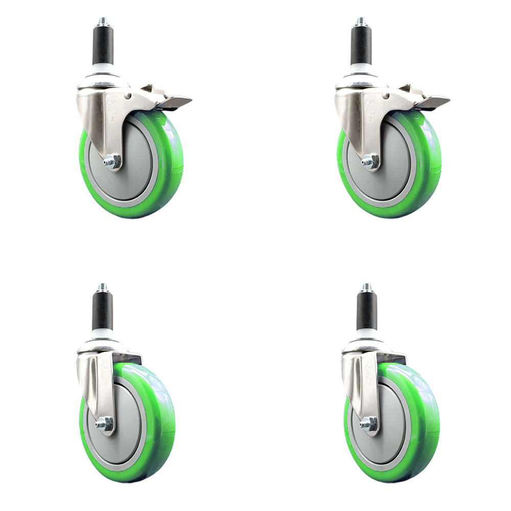 Polyurethane Swivel Stem Caster with 5 in. Green Caster Wheels, 1.38 in. Expanding Stem - 316 Stainless Steel Casters - Set of 4
