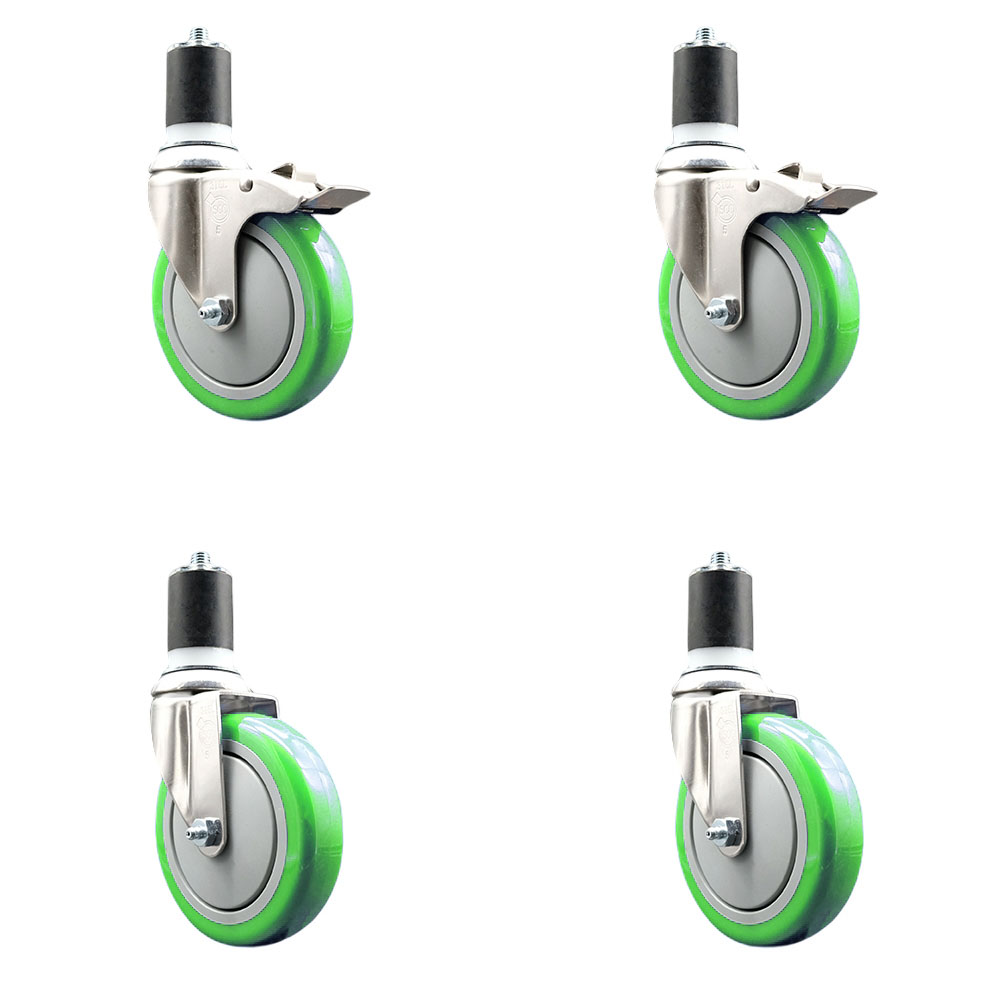 Polyurethane Swivel Stem Caster with 5 in. Green Caster Wheels, 1.87 in. Expanding Stem - 316 Stainless Steel Casters - Set of 4