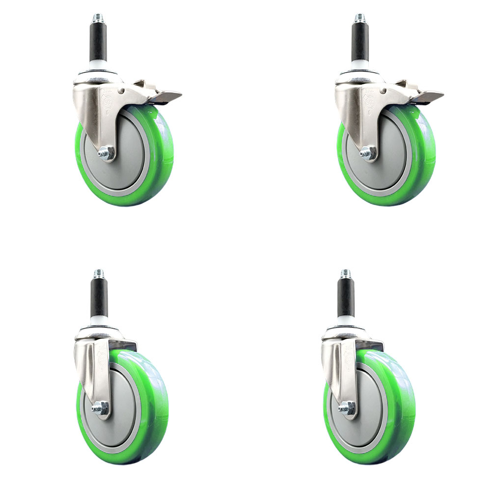 Polyurethane Swivel Stem Caster with 5 in. Green Caster Wheels, 0.87 in. Expanding Stem - 316 Stainless Steel Casters - Set of 4