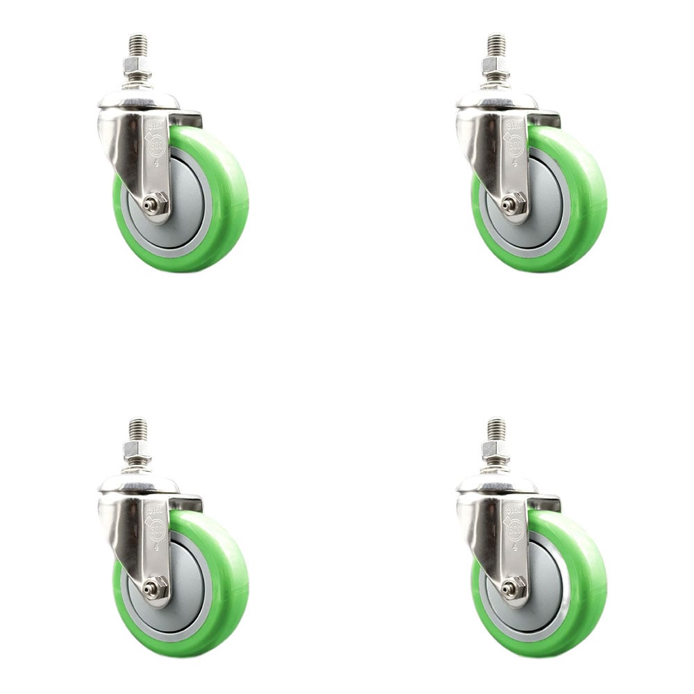 Polyurethane Swivel Stem Caster with 4 in. Green Caster Wheels, 10 mm Threaded Stems - 316 Stainless Steel Casters - Set of 4