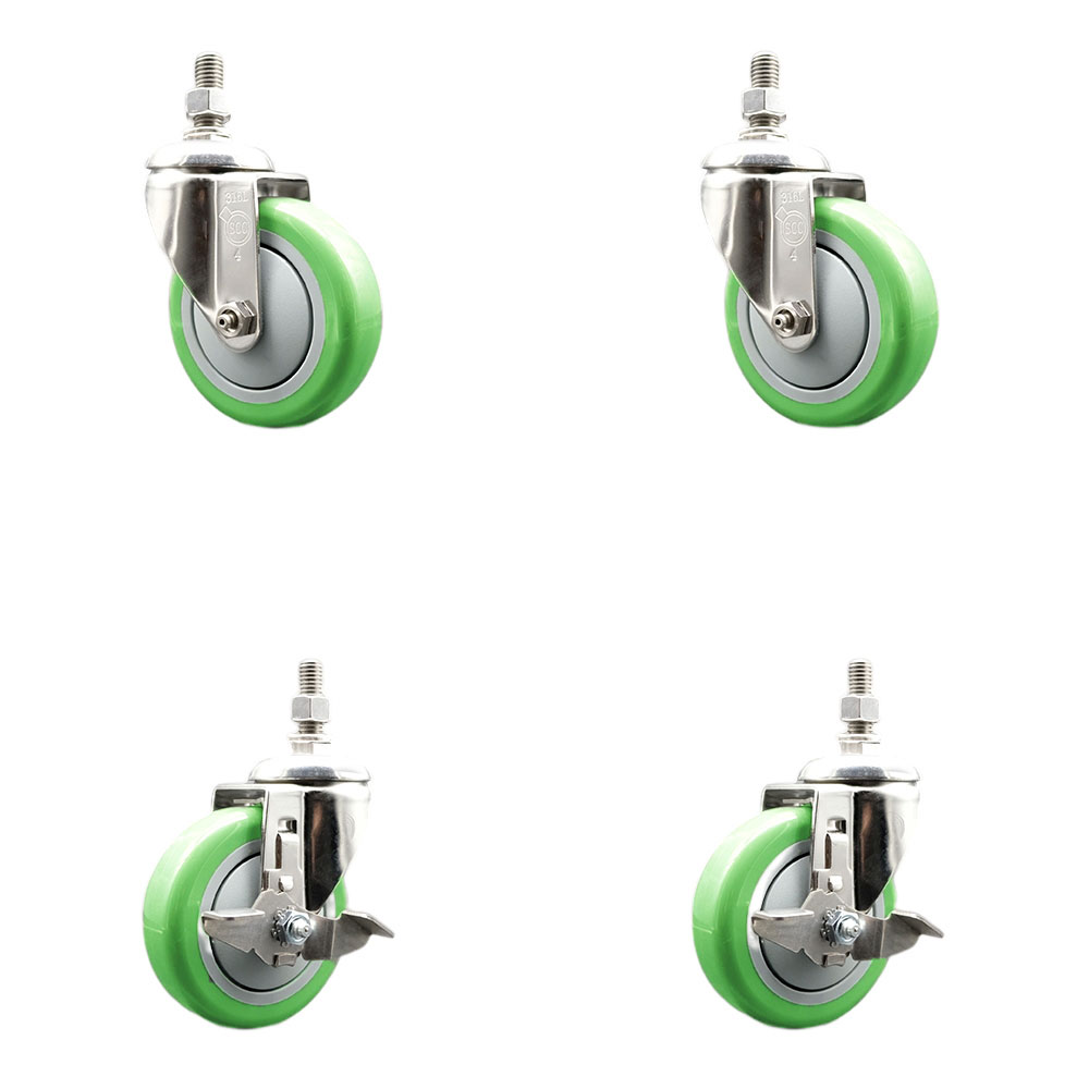 Poly Swivel Stem Caster with 4 in. Green Caster Wheels, 12 mm Threaded Stems - 316 Stainless Steel Casters - Set of 4