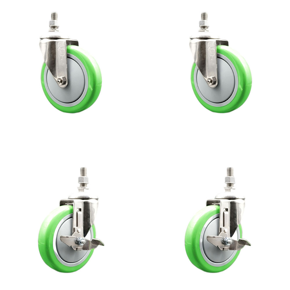 Poly Swivel Stem Caster with 5 in. Green Caster Wheels, 10 mm Threaded Stems - 316 Stainless Steel Casters - Set of 4
