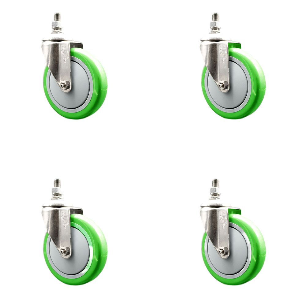 Polyurethane Swivel Stem Caster with 5 in. Green Caster Wheels, 10 mm Threaded Stems - 316 Stainless Steel Casters - Set of 4