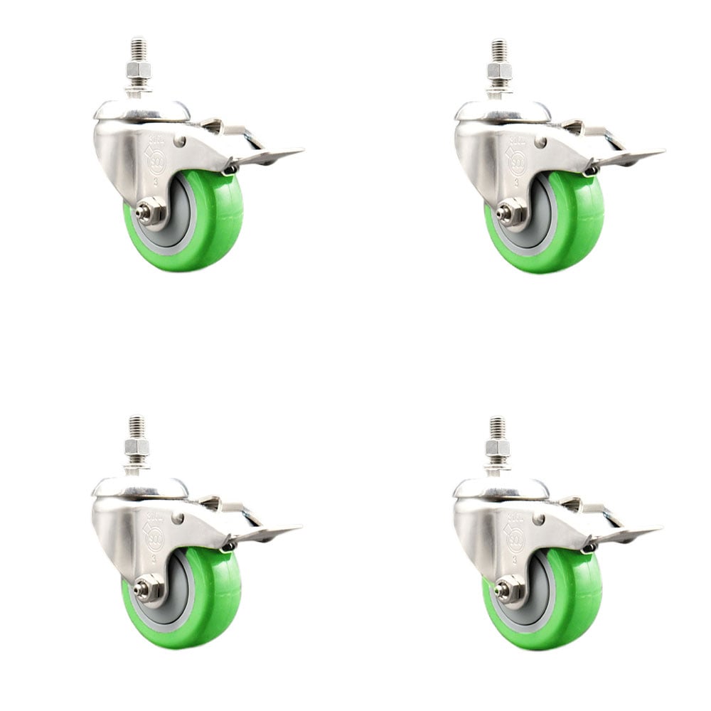 Polyurethane Swivel Stem Caster with 3.5 in. Green Caster Wheels, 0.38 in. Threaded Stems - 316 Stainless Steel Casters - Set of 4