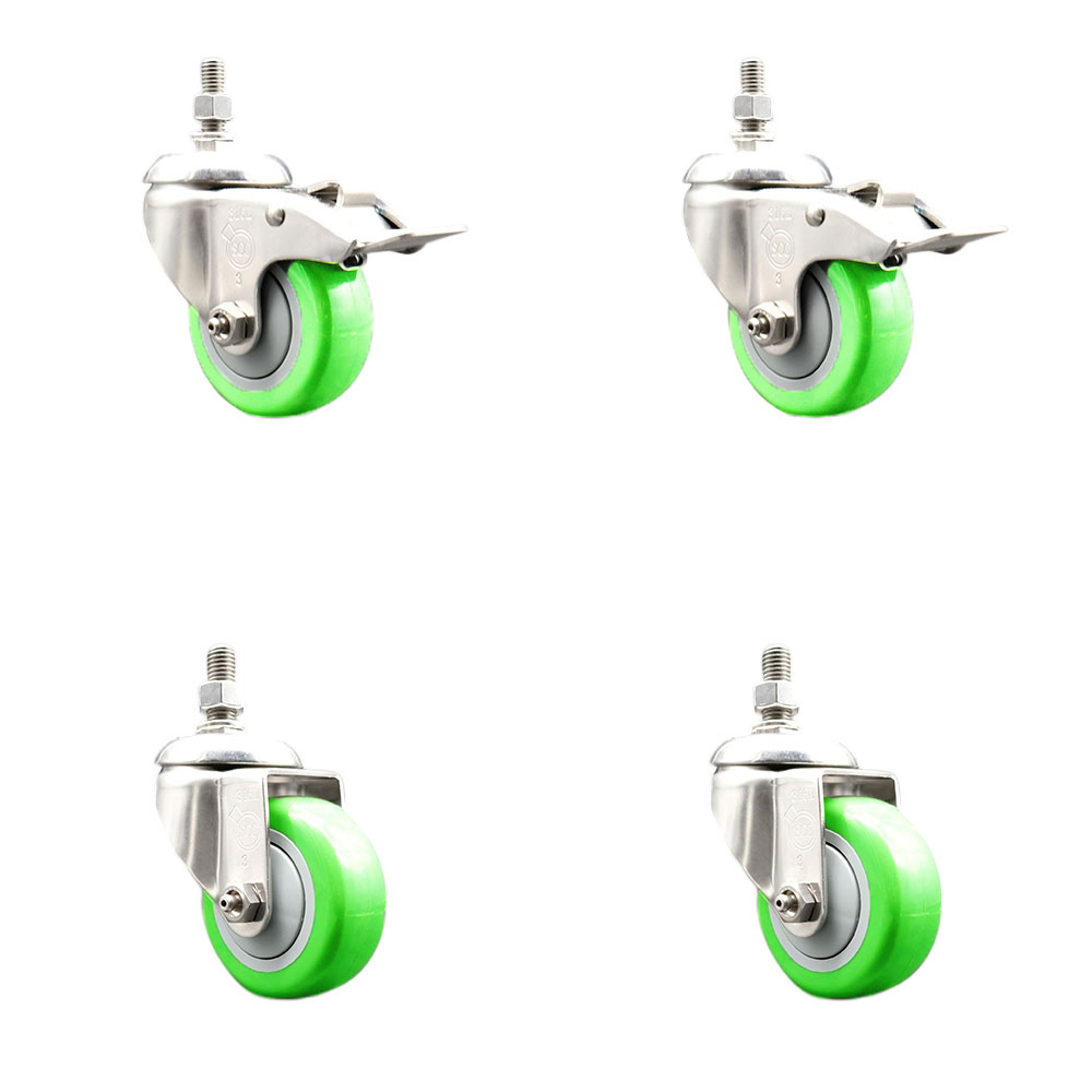 Poly Swivel Stem Caster with 3.5 in. Green Caster Wheels, 10 mm Threaded Stem - 316 Stainless Steel Caster - Set of 4