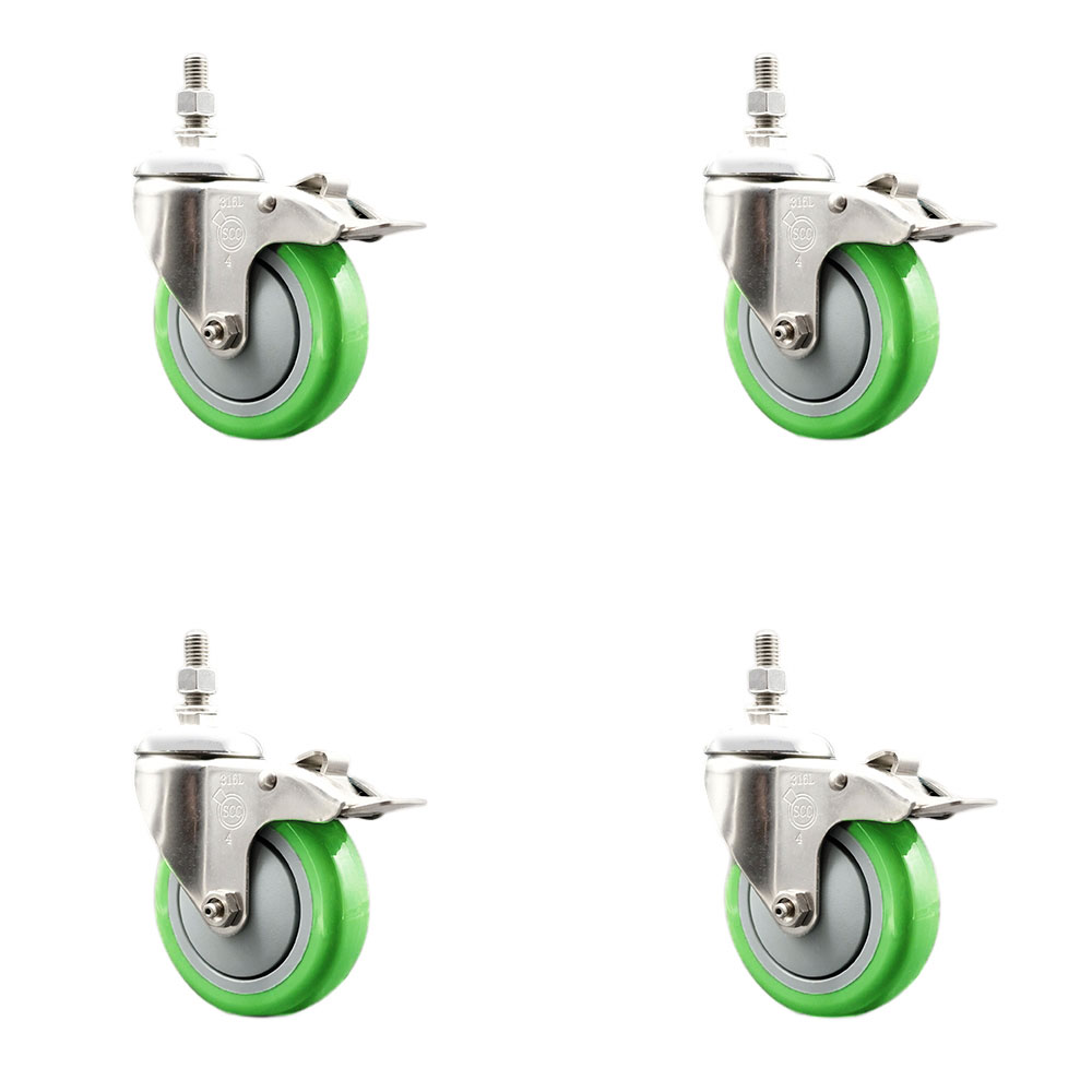 Polyurethane Swivel Stem Caster with 4 in. Green Caster Wheels, 0.38 in. Threaded Stems - 316 Stainless Steel Casters - Set of 4