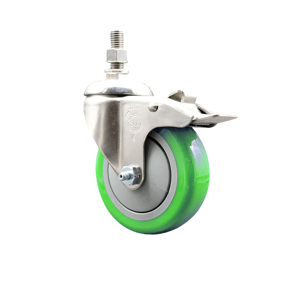 Polyurethane Swivel Stem Caster with 4 in. Green Caster Wheels & Total Lock Brake, 12 mm Threaded Stem - 316 Stainless Steel Caster